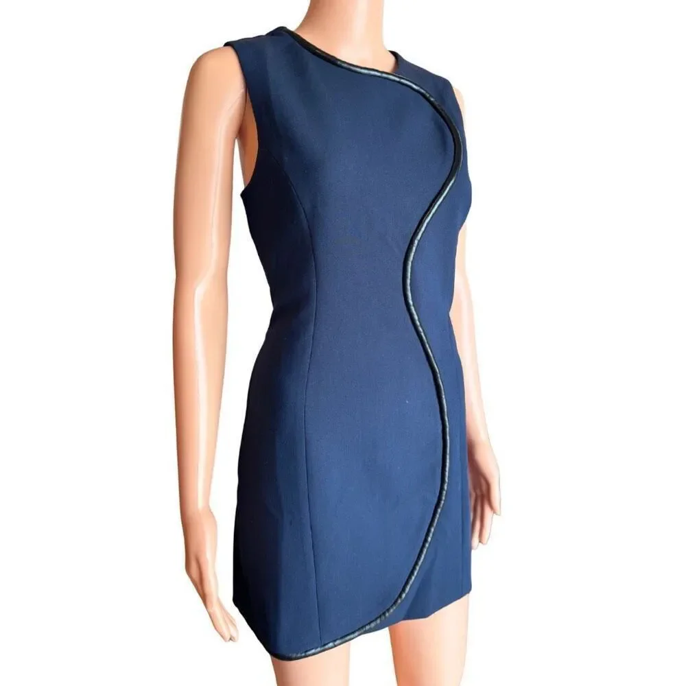 NWT Amanda Uprichard Andie Dress Navy Blue Faux Leather Trim Mini Medium Party
